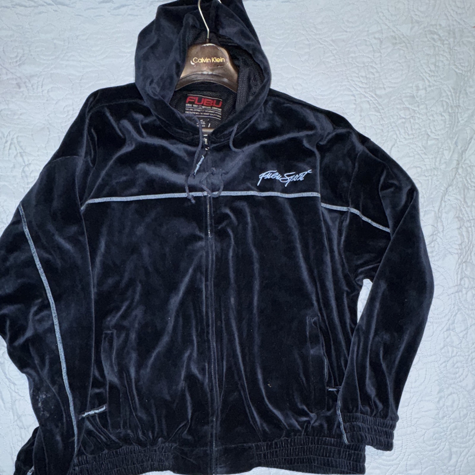 FUBU Men’s Black Velour Full-Zip Hooded Track Jacket w/ Pockets Size M