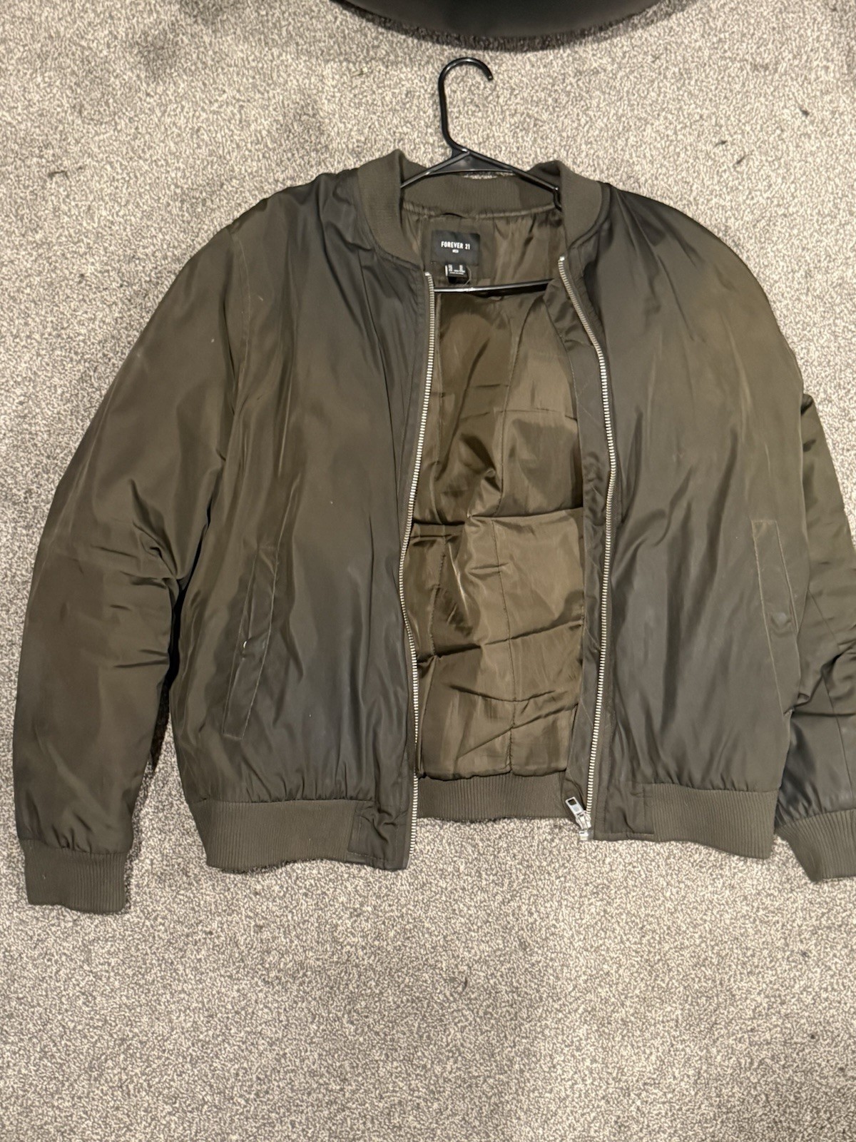 Forever 21 Men’s Green Bomber Jacket XL Full Zip Band Collar Solid Casual