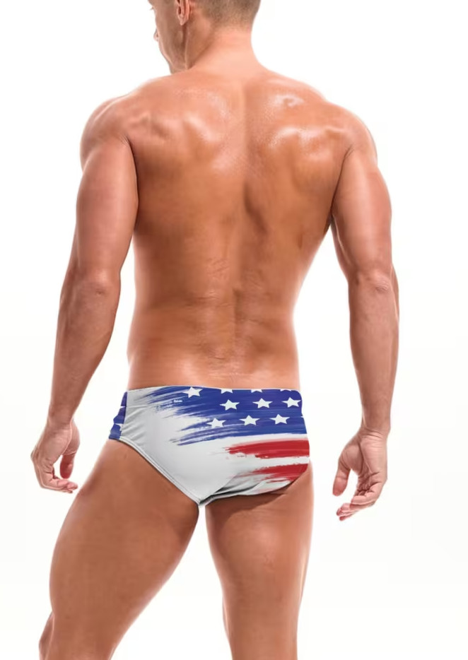 American Patriot US Flag Style Men’s Swim Briefs w/Drawstring. Large 34″-36″