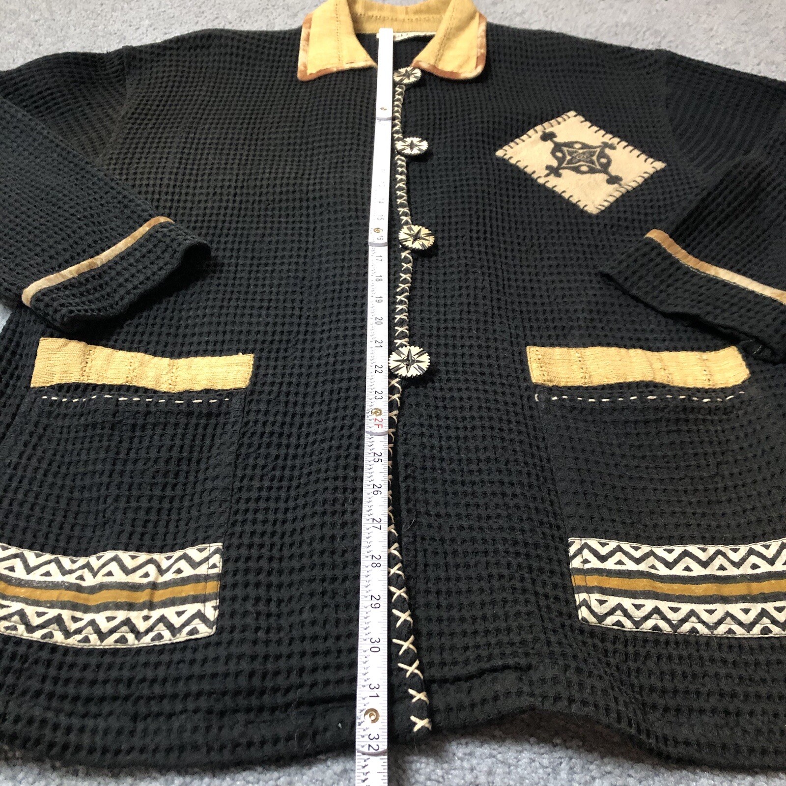Vtg Waffle Knit Cardigan Jacket Women’s L Black Button Up Pockets Tribal Goth