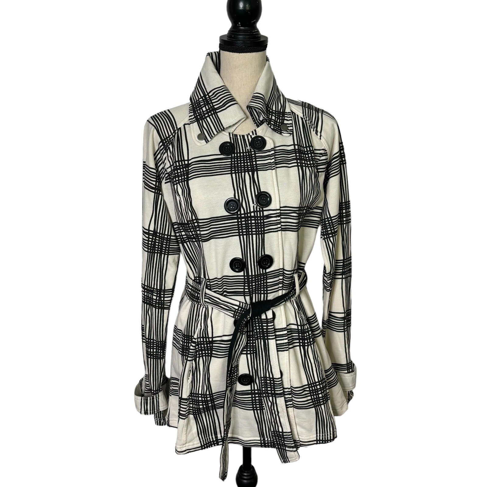 LA Kitty Coat Womens Large Black White Plaid Double Breasted Belted Pockets