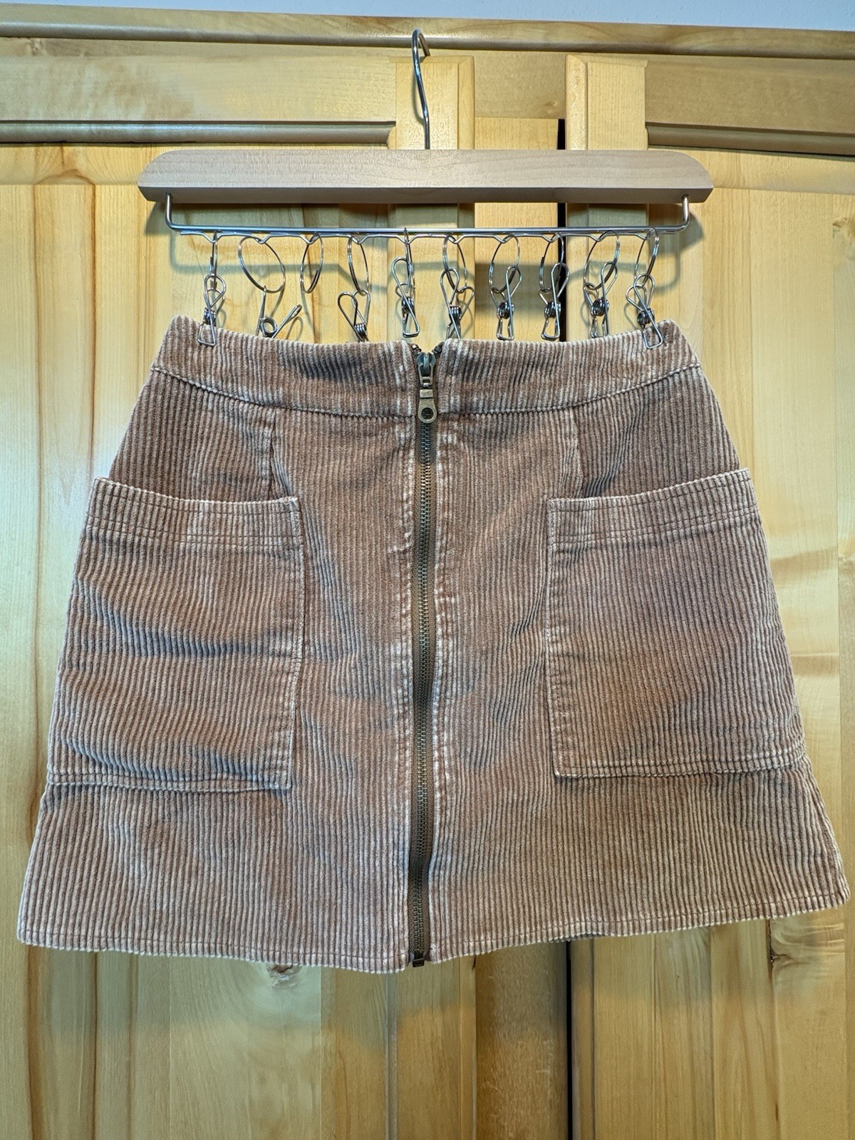 She + Sky Brown Corduroy Mini Skirt Front Zip Closure Pockets Size S