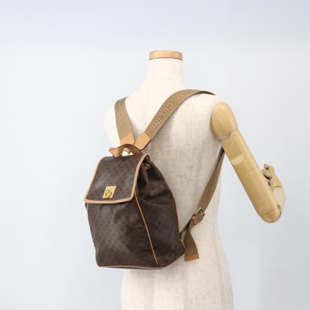CELINE Macadam Canvas Backpack PVC Leather Brown Gold Auth ARZ862