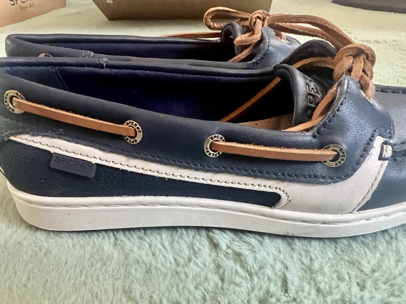 Sperry Top-Sider Starfish Leather Boat Shoes Navy/Tan Lace-Up 5M STS86211