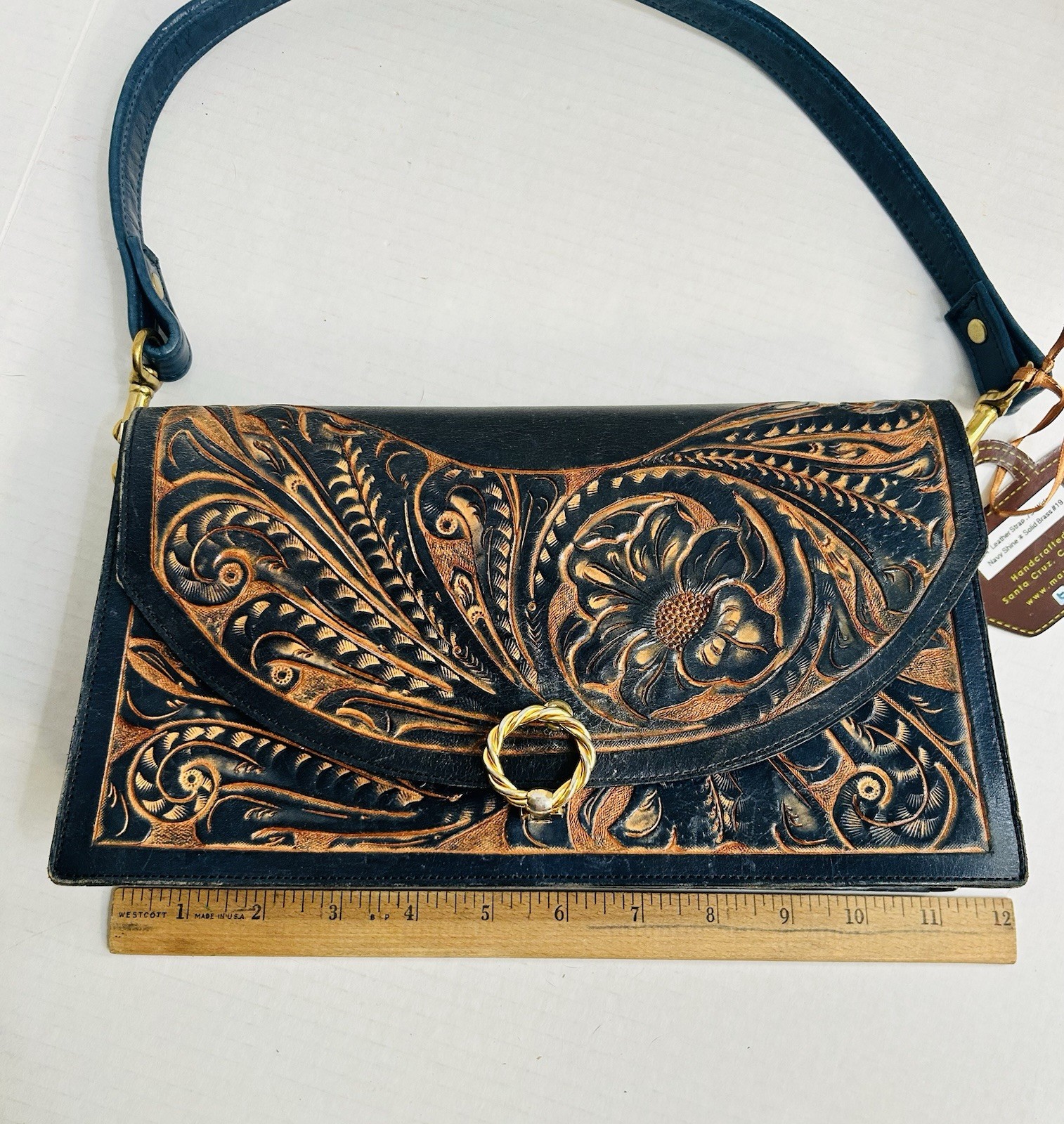 Navy Blue Hand Tooled Leather Purse Flowers Southwestern Bohemian Mautto Strap