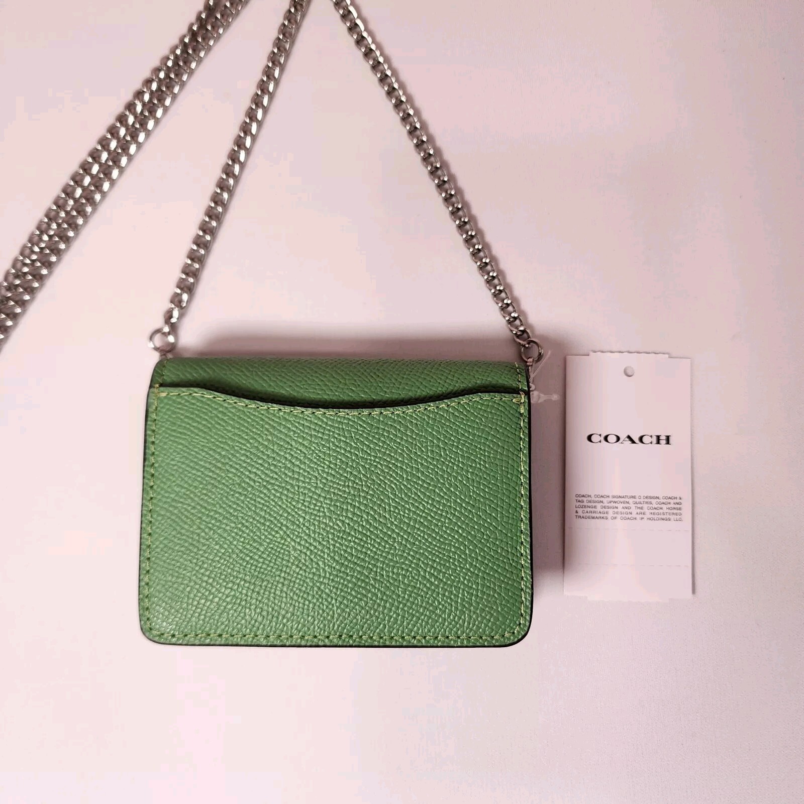 NWTCoach C0059 Mini Wallet On a Chain Soft Green Metallic Crossgrain Leather