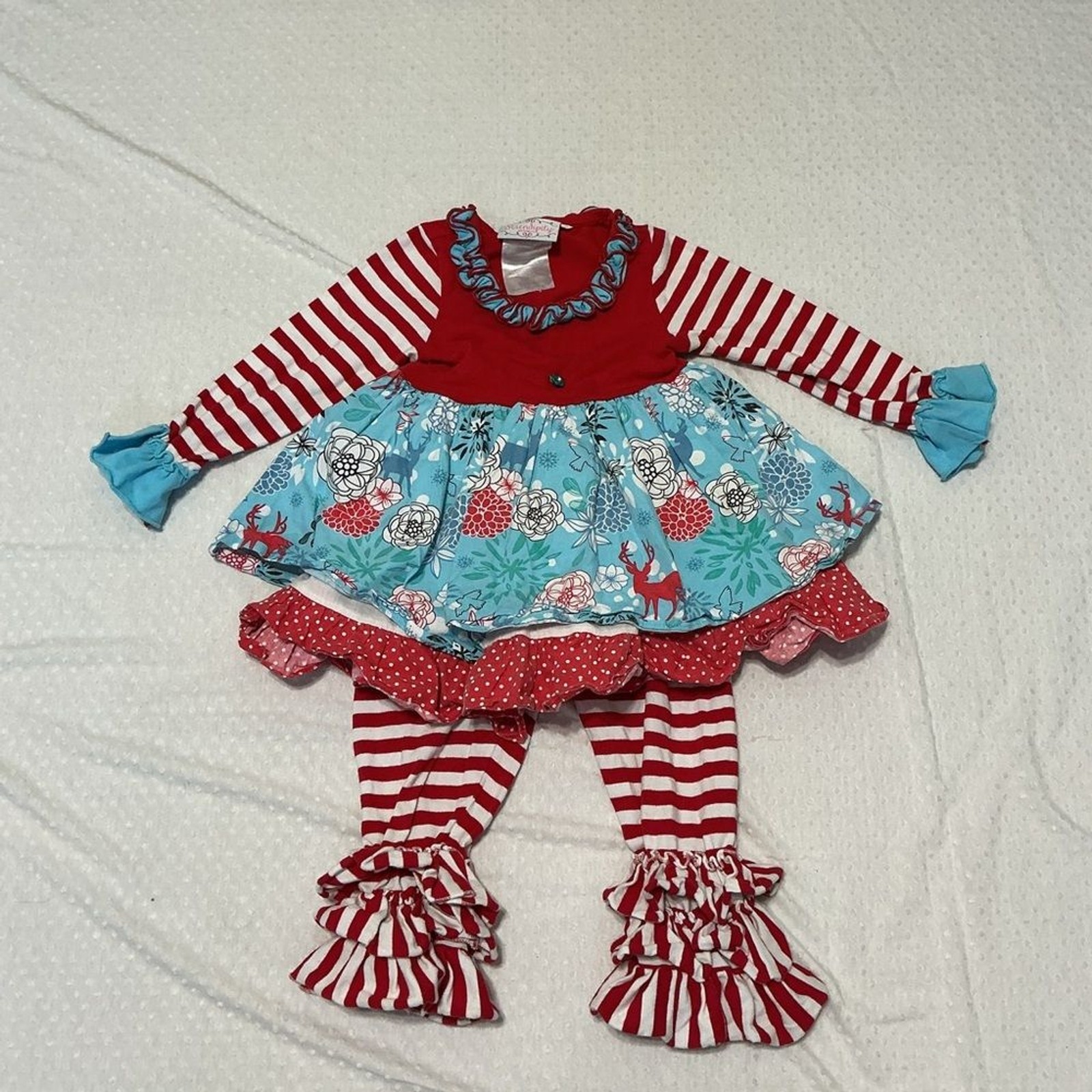 SERENDIPITY Red and Blue Striped Ruffle Tunic Dress & Legging Set 2T