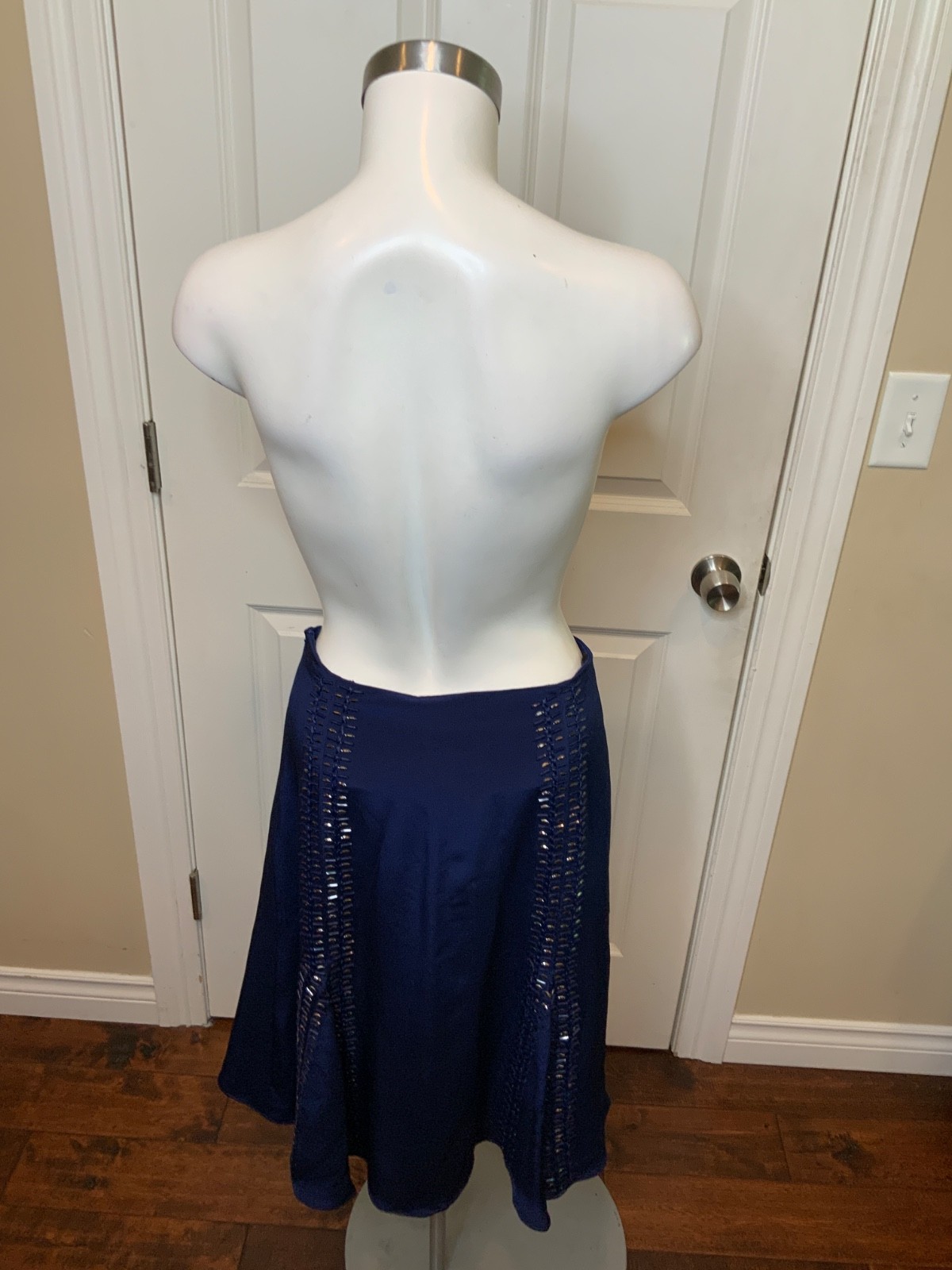 Charles Youssef Navy Blue Satin Silk Beaded Trumpet Skirt NWT $695, Size 6