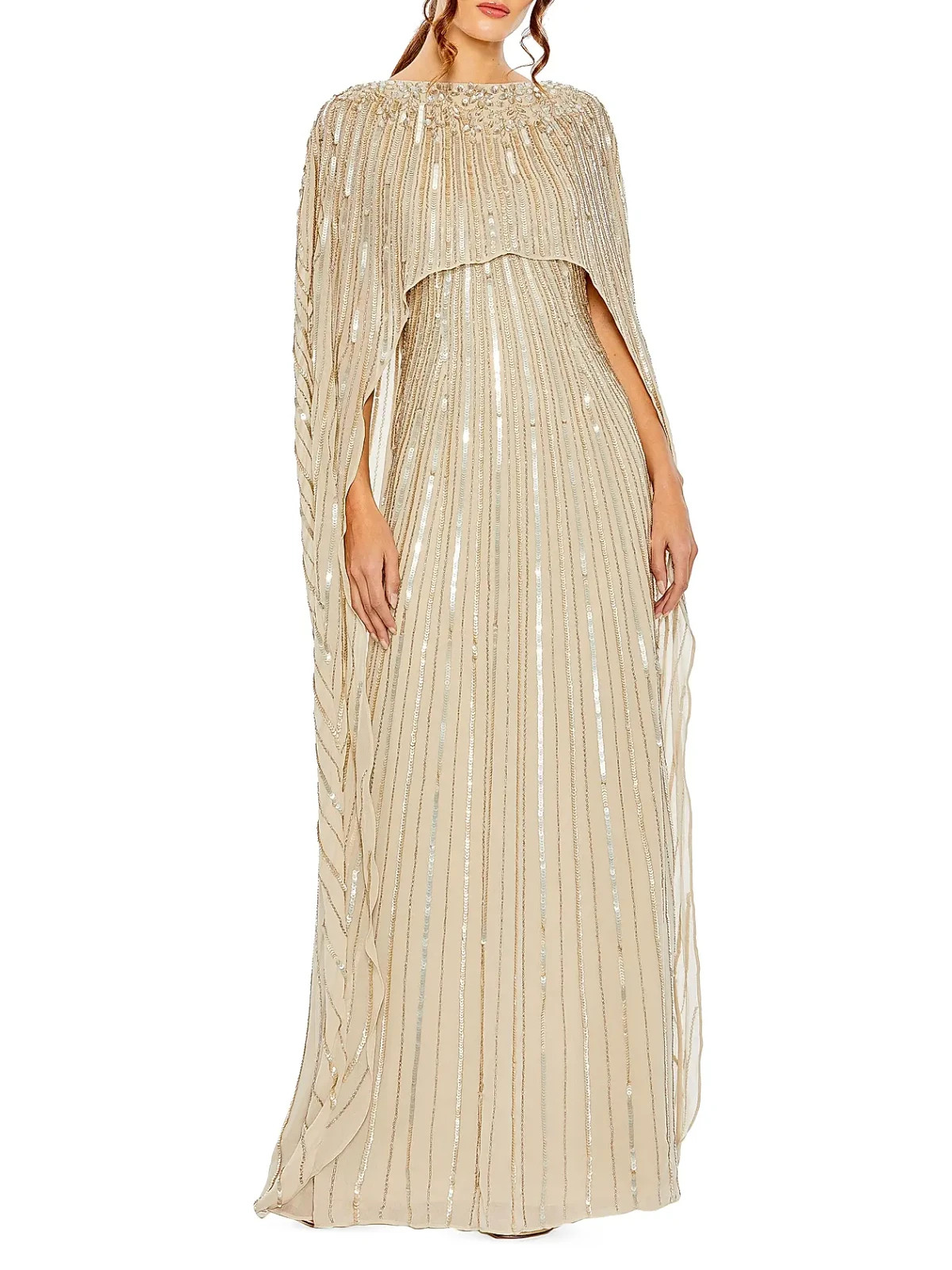 Mac Duggal Champagne Embellished Sequin Beaded Column Cape Gown Size 10 $798