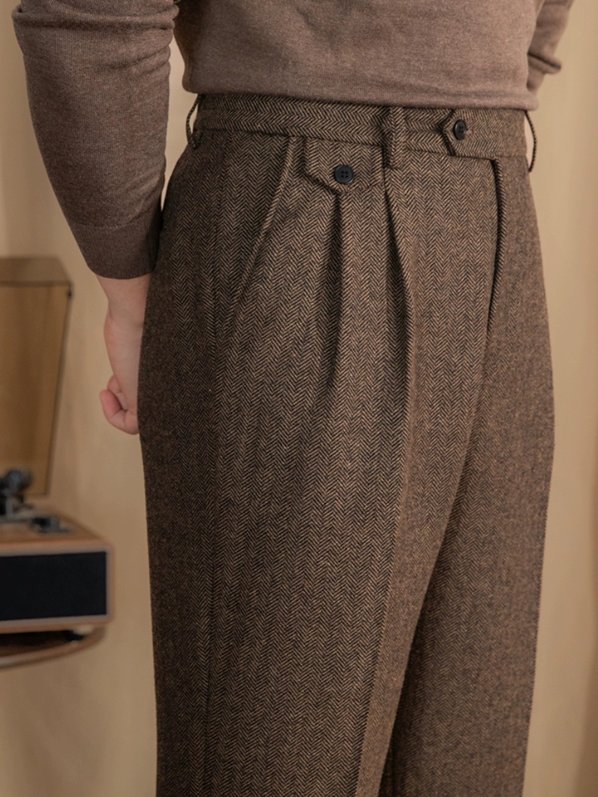Mens Herringbone Casual Pants Pleated High Waist Trousers for Daily Work Office
