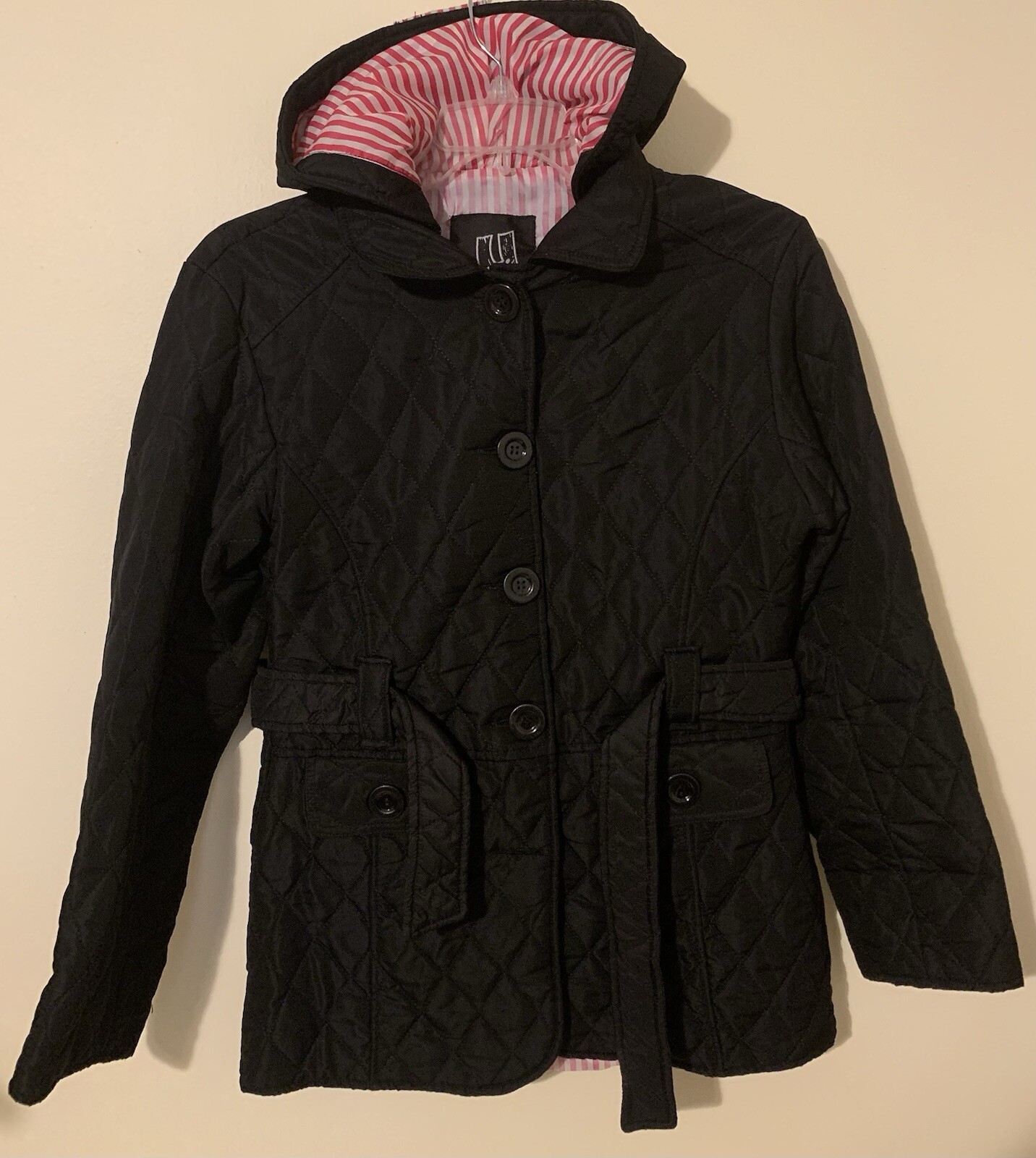 Quilted Button Up Belted Hooded Urban Diva Jacket Women’s Sz L Black