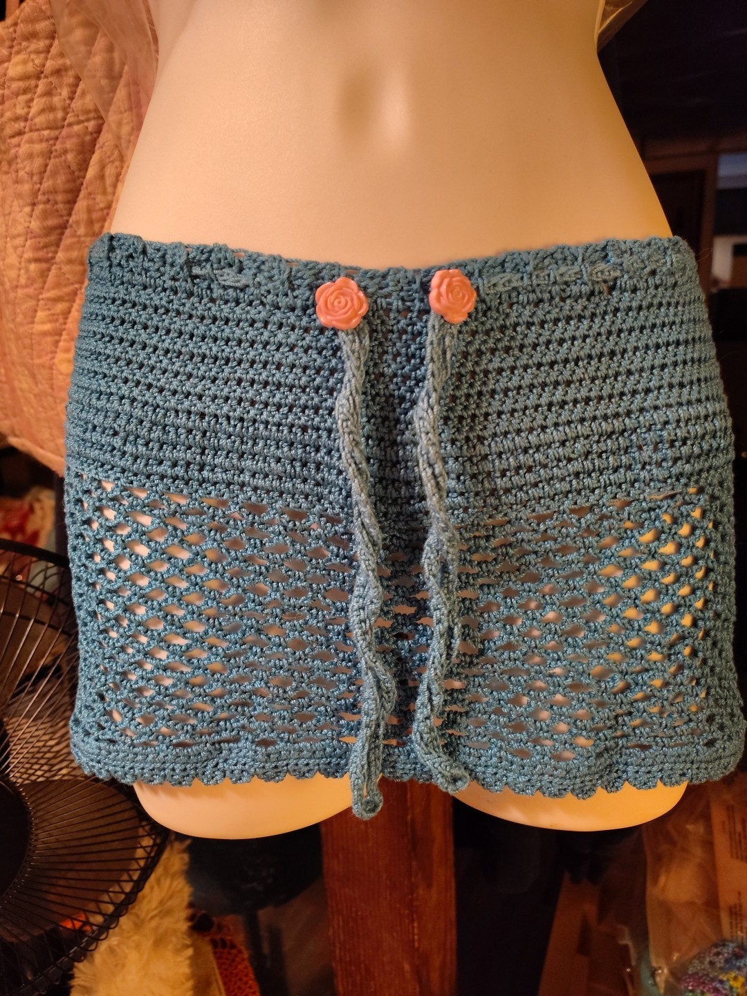 Cover Up – Rose Button Drawstring Hip Hugger Mini -100% Cotton- Reg. Medium