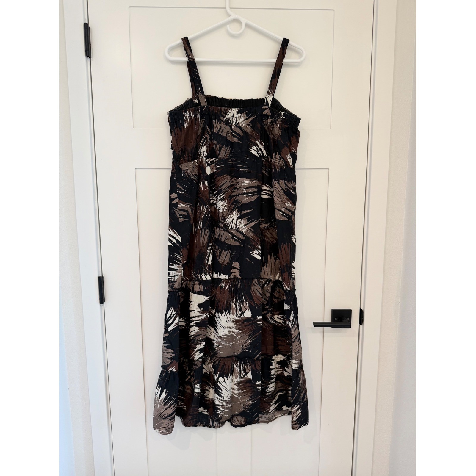 ANA A New Approach Brown Black Abstract Print Ruffle Tiered Midi Dress Large