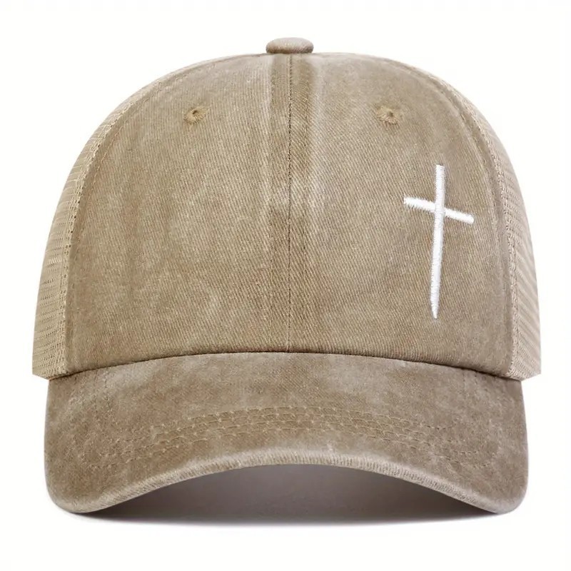 Beige Christian Cross Embroidered Trucker Hat Adjustable Mesh Baseball Cap
