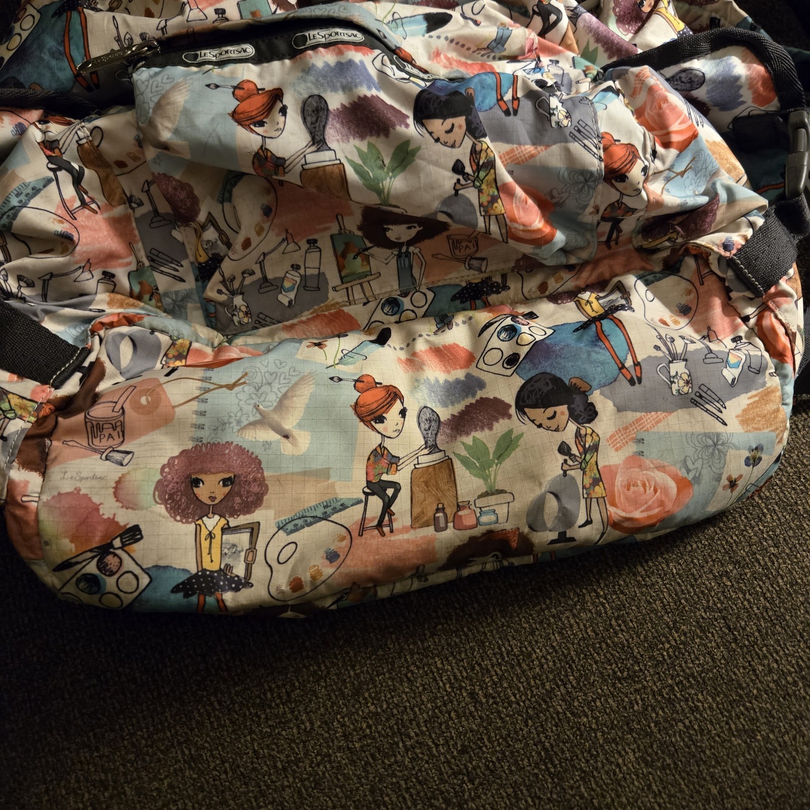 LeSportsac Voyager Backpack ‘Art School’ Cartoon Graphic Pink Lining 13″ x 16″