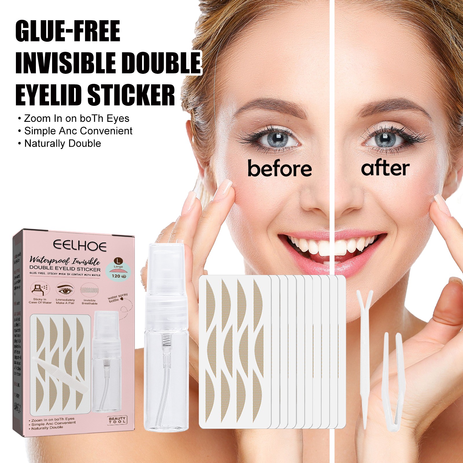 EELHOE Lace Non-trace Double Eyelid Tape, Natural Non-trace Non-glue Lace Double