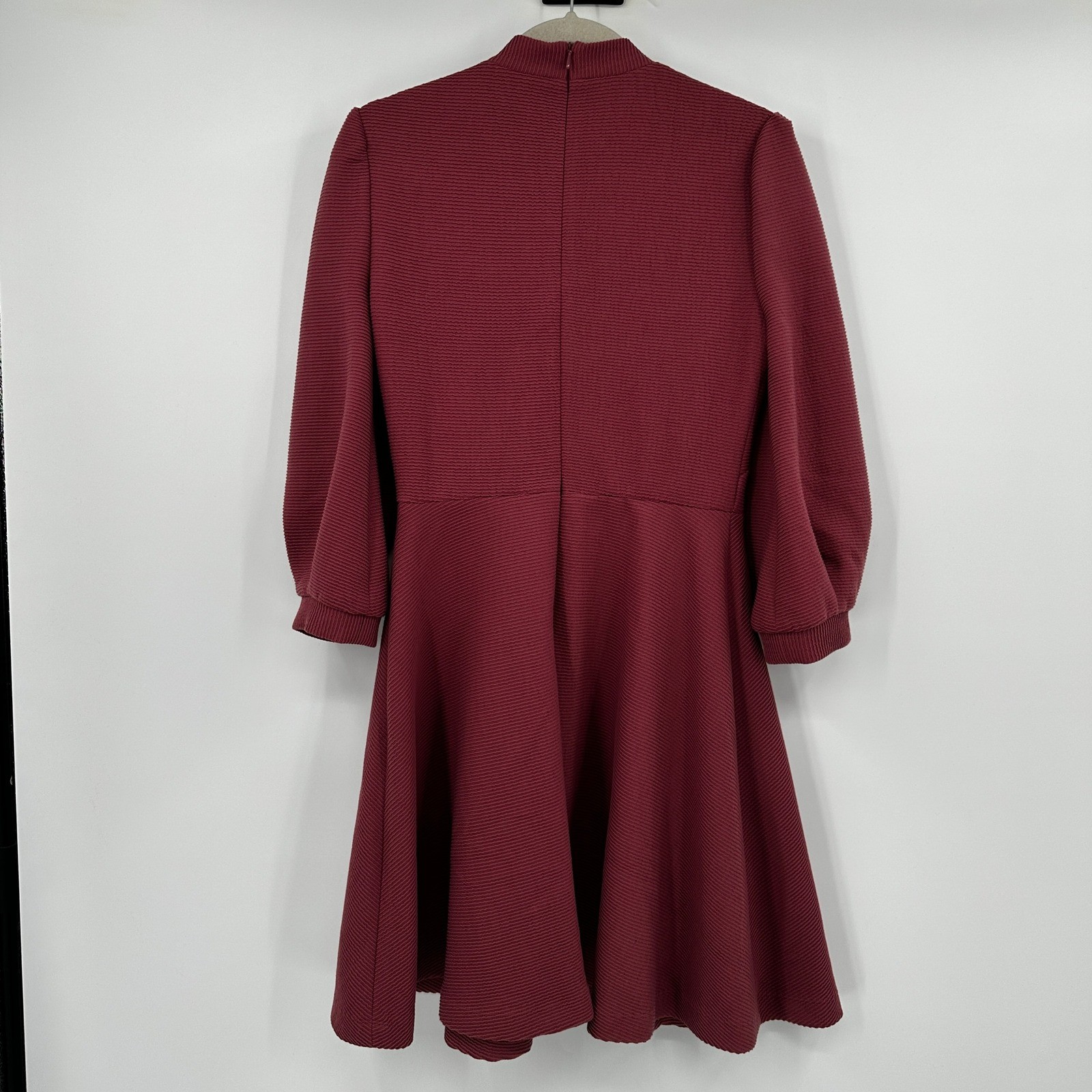Gal Meets Glam Burgundy Ribbed Puff Sleeve Fit & Flare Mock Neck Dress 6 Modest