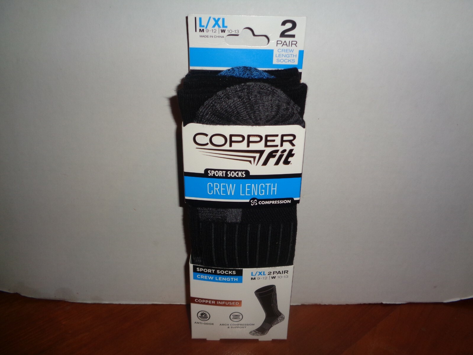 Copper Fit Infused Sport Crew Socks 2 Pair Large L/XL Black Size M 9-12 W 10-13