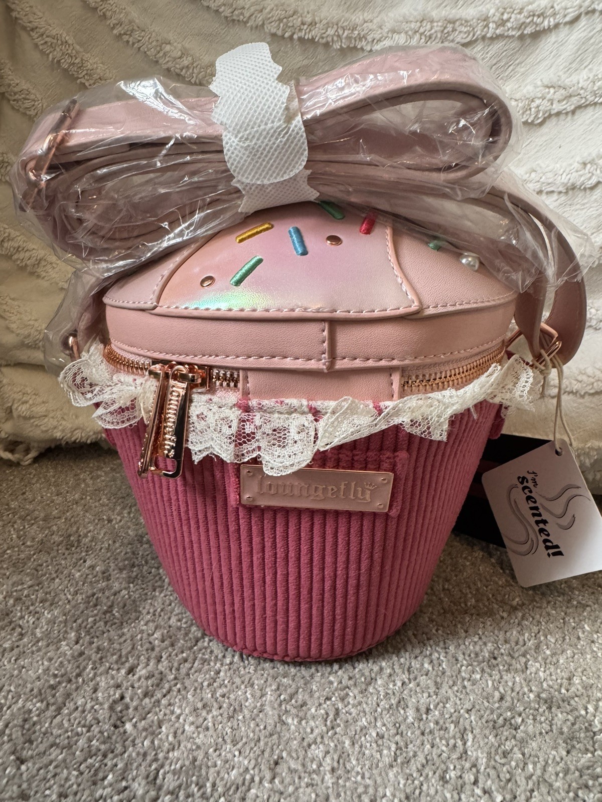 Loungefly Pink Cupcake Shaped Crossbody Bag, Zip, Bow Lace Pearl, Gold HW