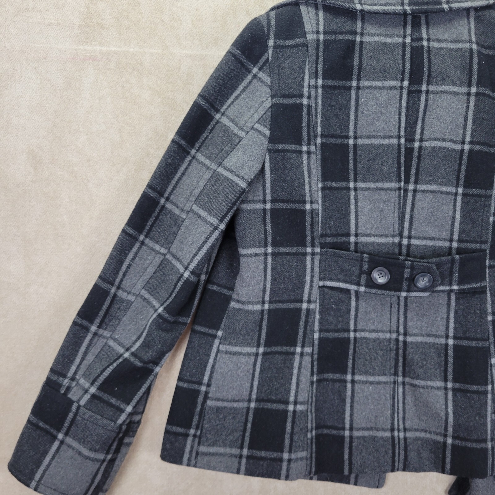 Old Navy Gray & Black Plaid Wool Blend Womens Double Breast Pea Coat Size Medium