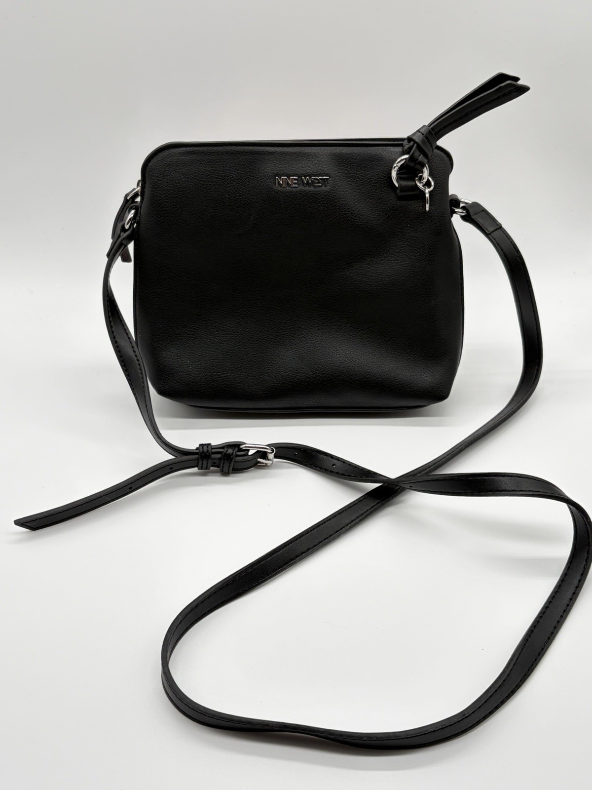 Nine West Black Crossbody Bag Purse Adjustable Strap Tassel Silver Hardware