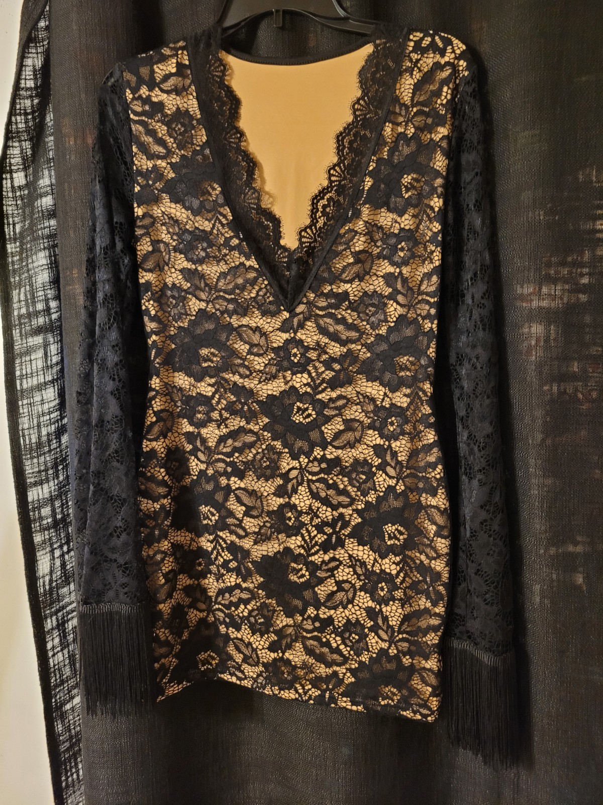 SweatyRocks Lace Mini Dress Floral Deep V Neck Fringe Sleeve Black Nude L Fits M