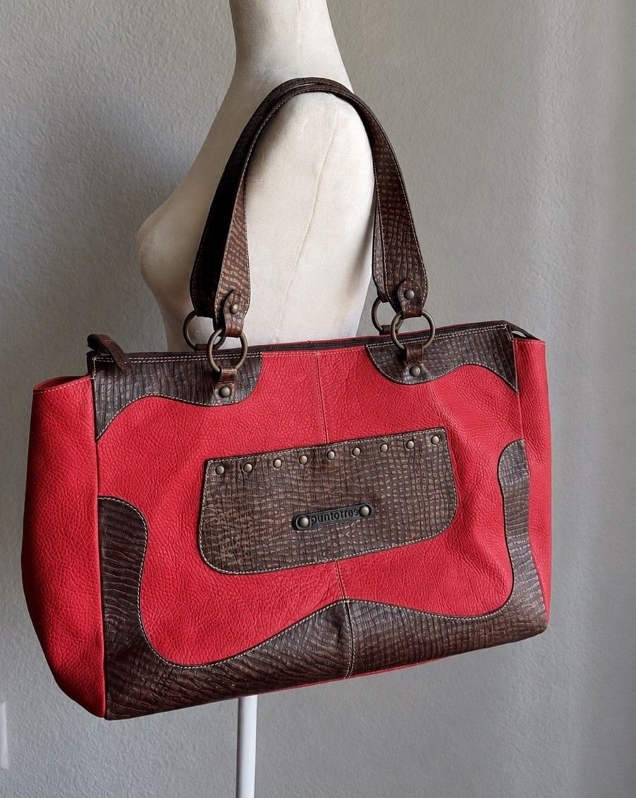Vintage Spanish Leather Tote Bag | Red & Brown Colorblock | Made in Spain