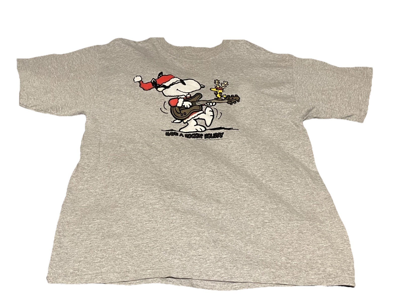 Peanuts Snoopy Woodstock Guitar Xmas Shirt Large Have a Rockin Holiday Sz XL