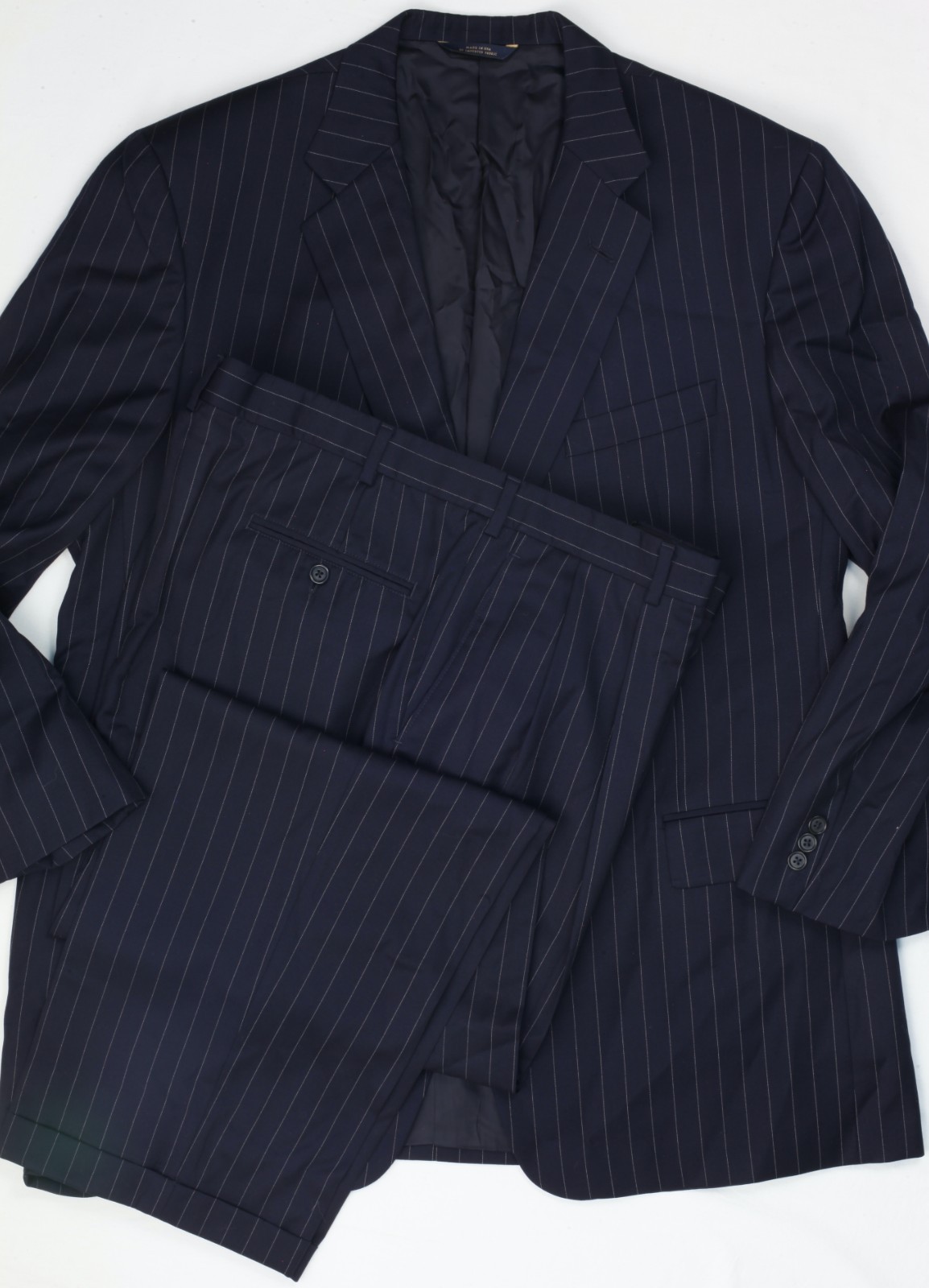 Vintage Brooks Brothers Blue Striped Wool Suit Made in USA 2004 48L 43×30