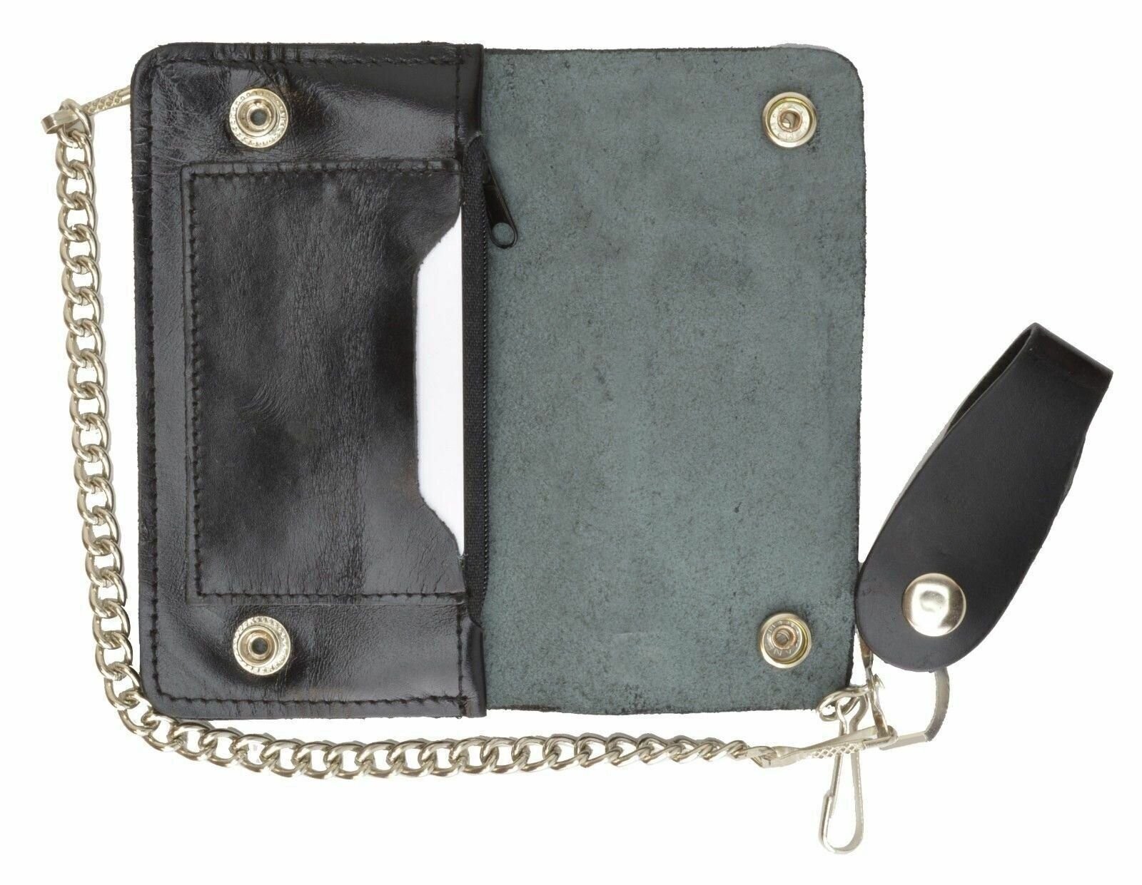 Black Genuine Leather Motorcycle Trucker Biker Chain Wallet With Inside Zipper