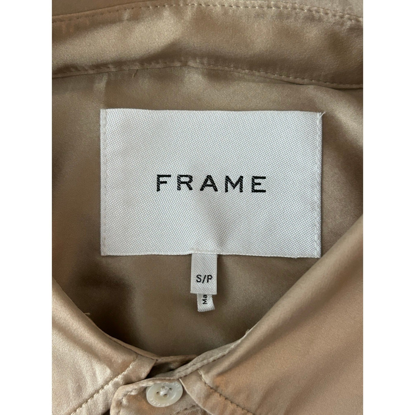 FRAME Khaki Tan 100% Washable Silk Cropped Button Down Shirt LWSH2823 Small 1344