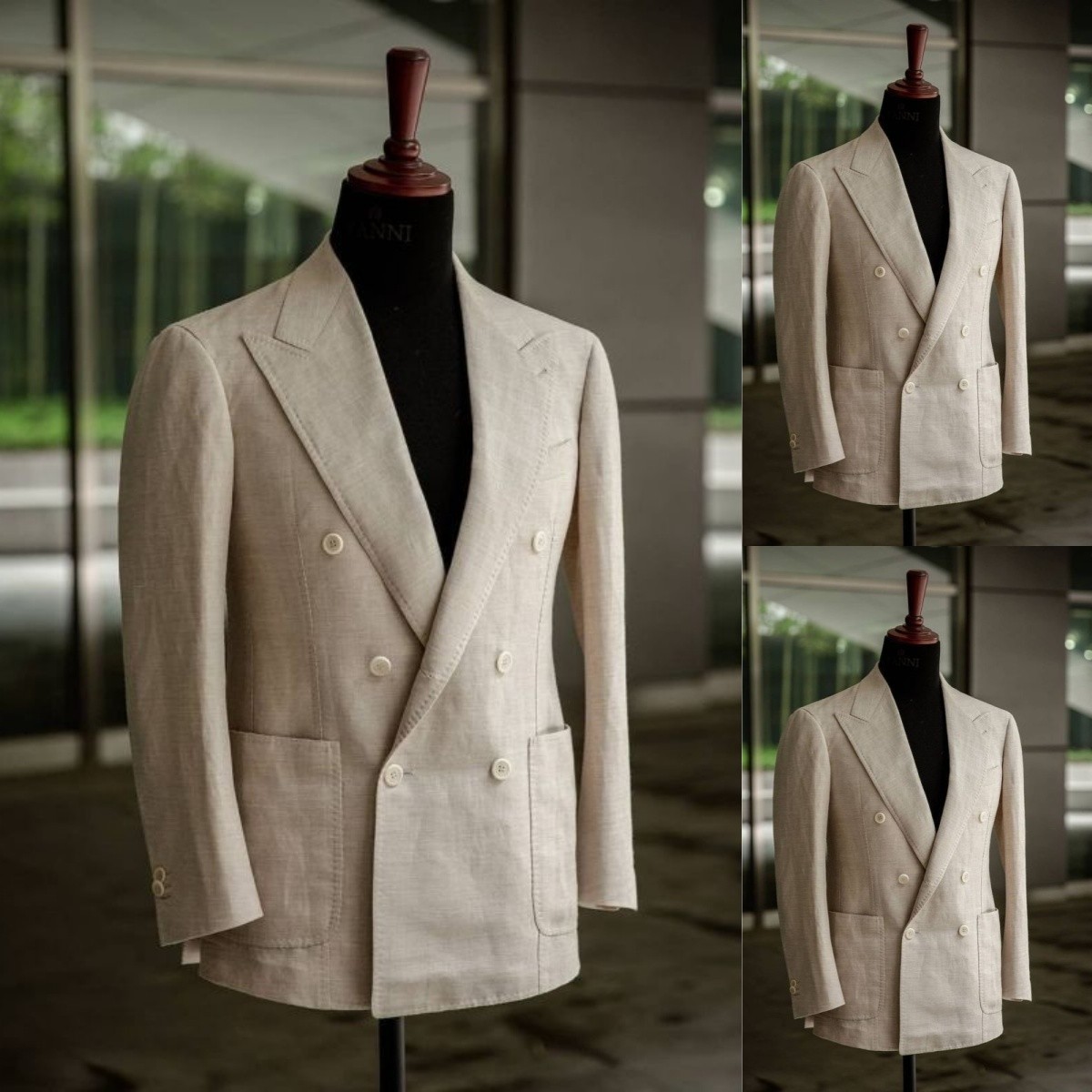 Linen Men’s Suits Casual Beach Jacket Wedding Groom Blazer 2Pcs Beige Summer