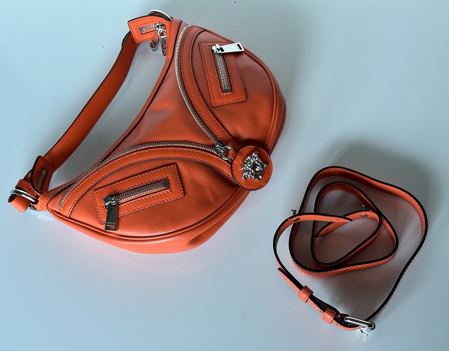NWT $1925 Versace Silver Medusa Head Calf Leather Small Orange Hobo Bag 1007680
