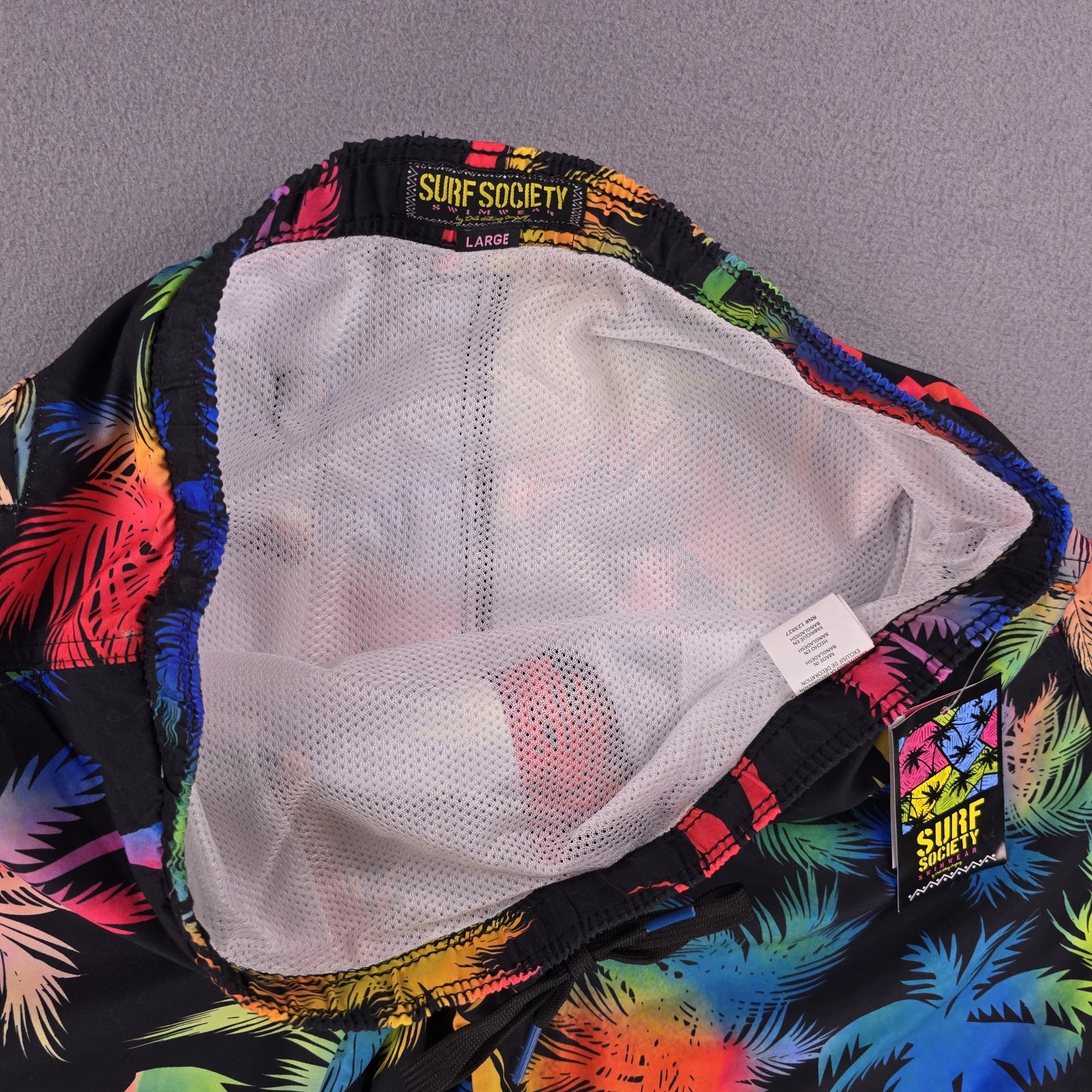 New Surf Society Swim Trunks Men’s Large Rainbow Palm Trees Black Shorts Pride