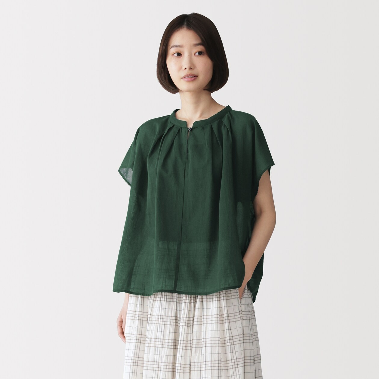 MUJI Womens 100% Organic Cotton Sheer French Sleeve Blouse Dark Green FedEx