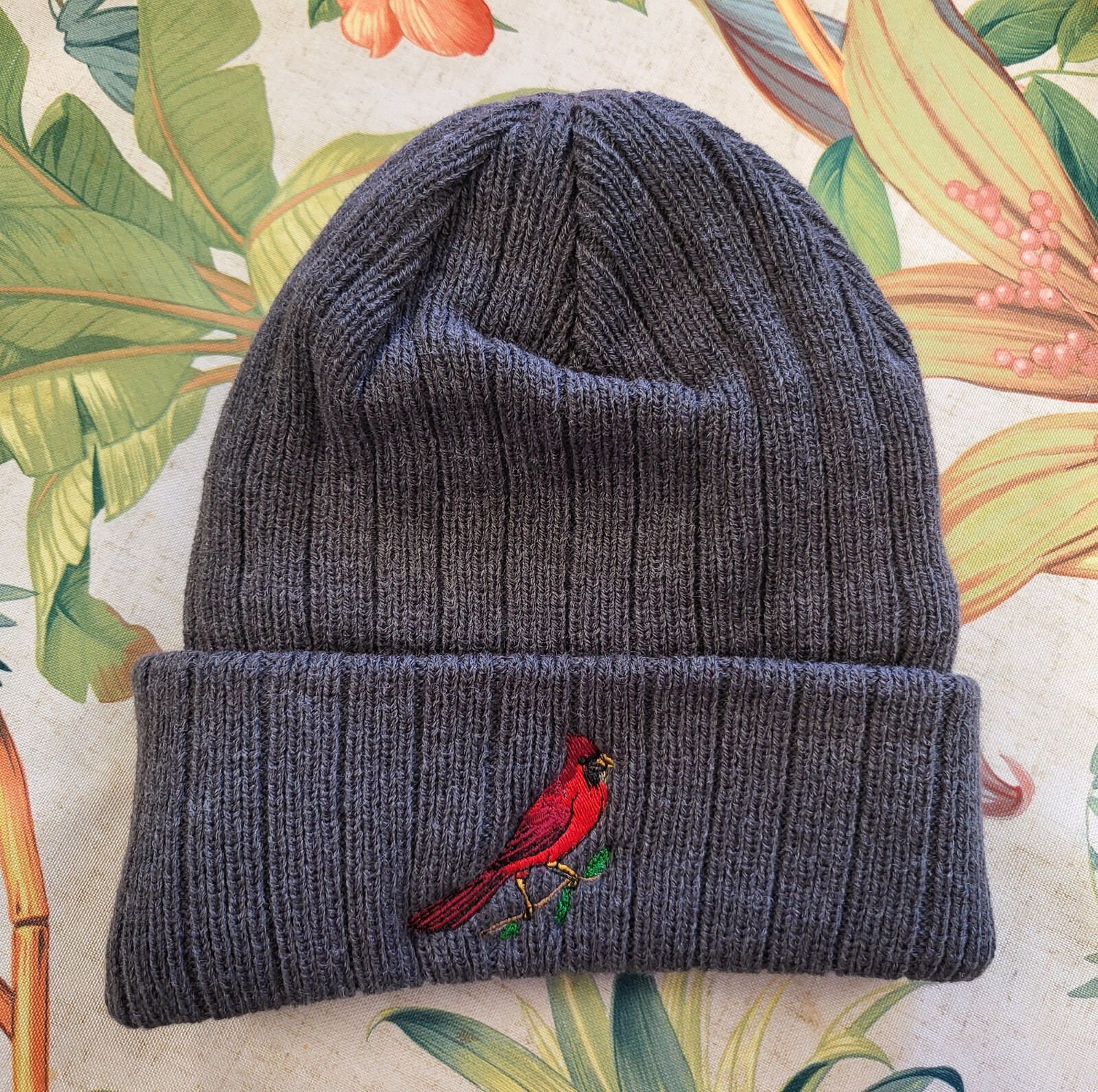 Red Cardinal bird embroidered fleece beanie hat, insulated beanie, Bird lover