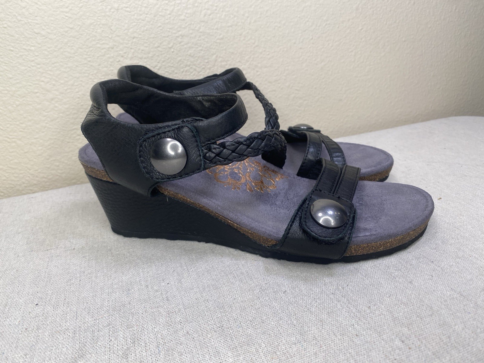 Aetrex Naya Black Leather Braided Strap Comfort Sandals Womens 8.5 EW450W