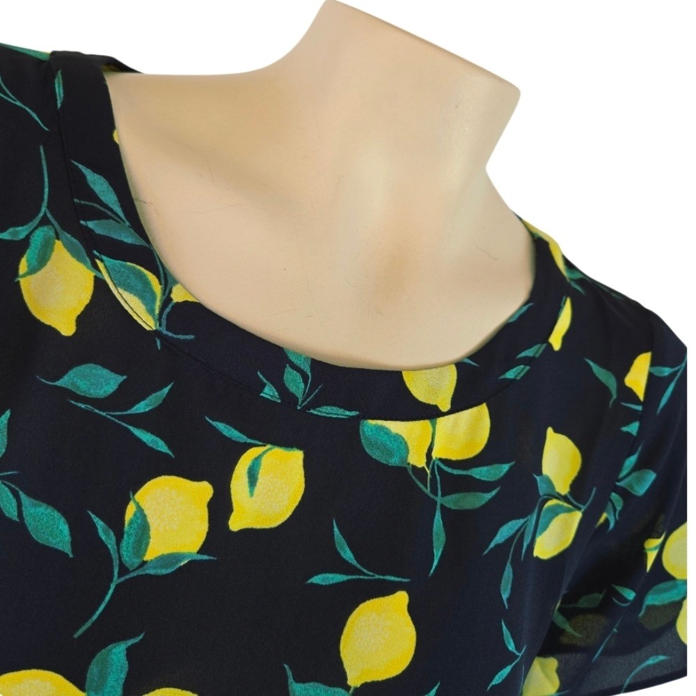 BANANA REPUBLIC Lemon Print Short Sleeve Blouse Navy Yellow Flowy X Small New
