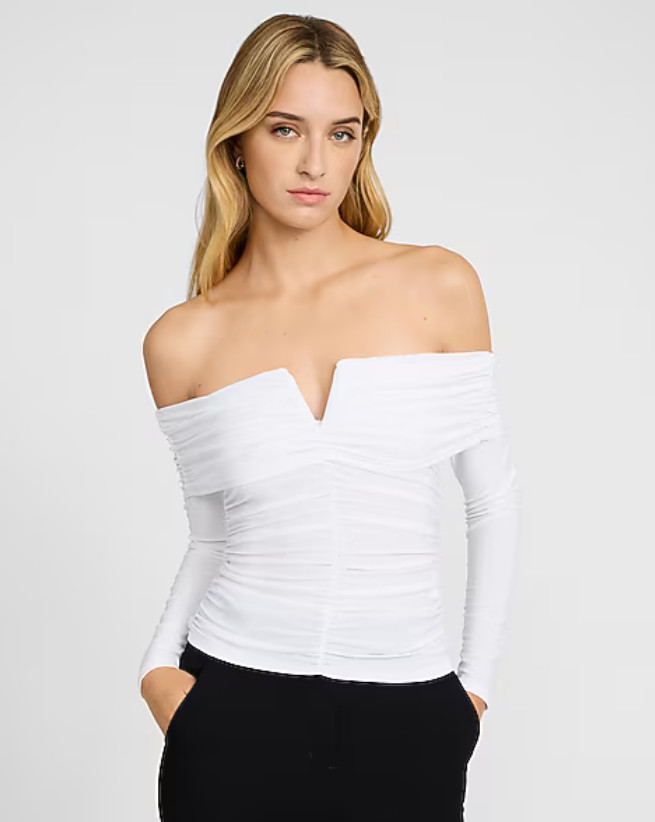 Aqua Womens White Long Sleeve Stretch Ruched Off The Shoulder Top Size 2XS