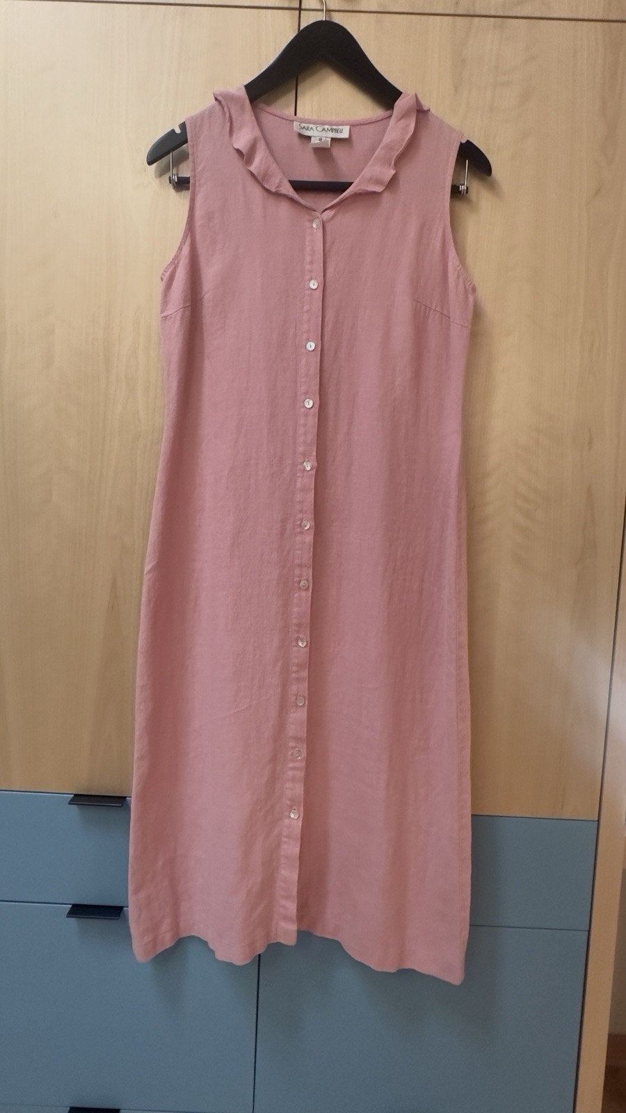 Sara Campbell Size 8 Pink 100% Linen mother of pearl Ruffle Collar Midi Dress