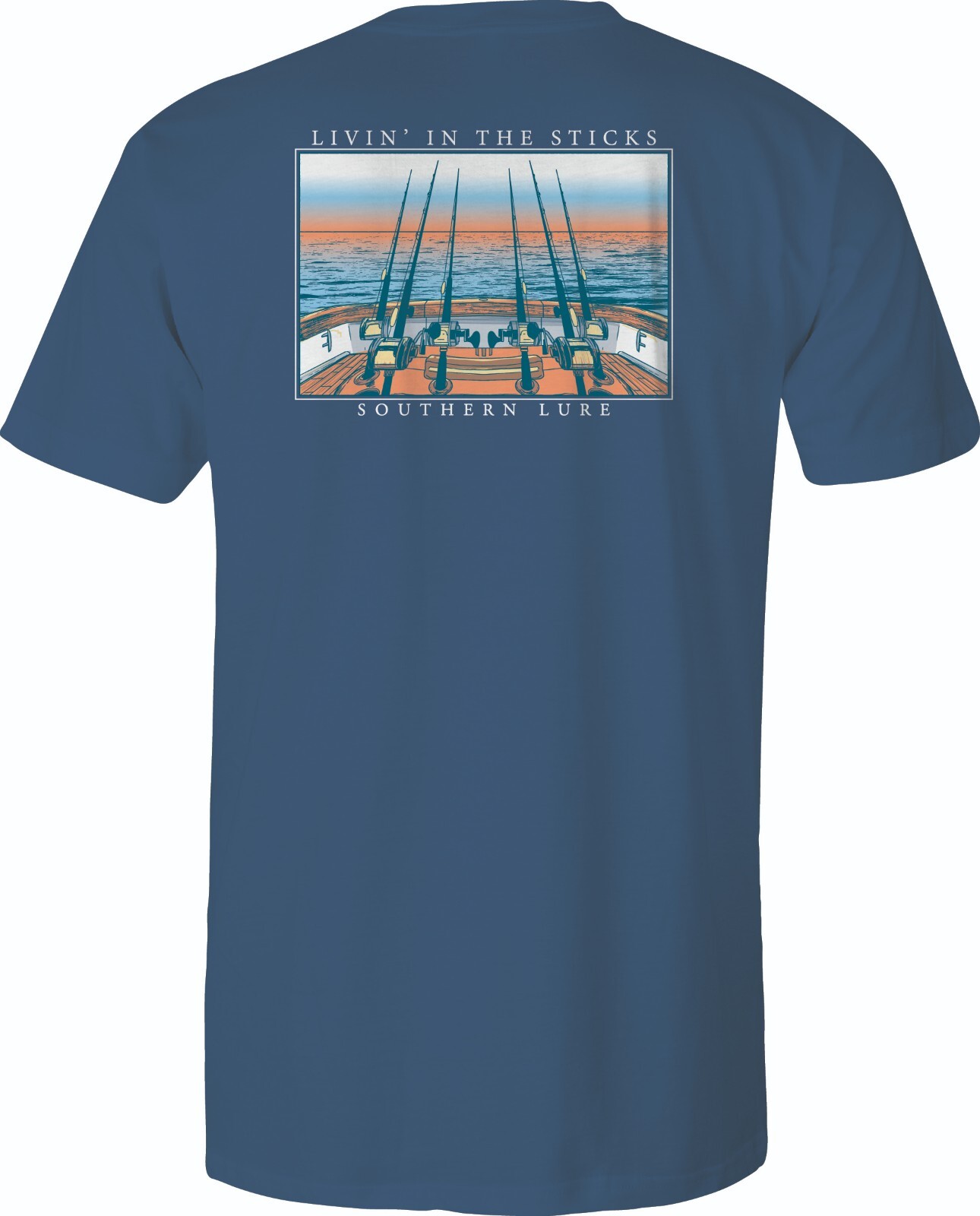 SOUTHERN LURE Livin in the Sticks Fishing Rod Tee Shirt Blue Cotton Adult XL NWT