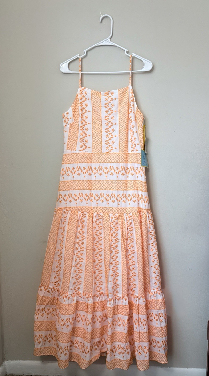 NWT CeCe Apron Neck Embroidered Cotton Maxi Dress White Orange Size 10 MSRP $139