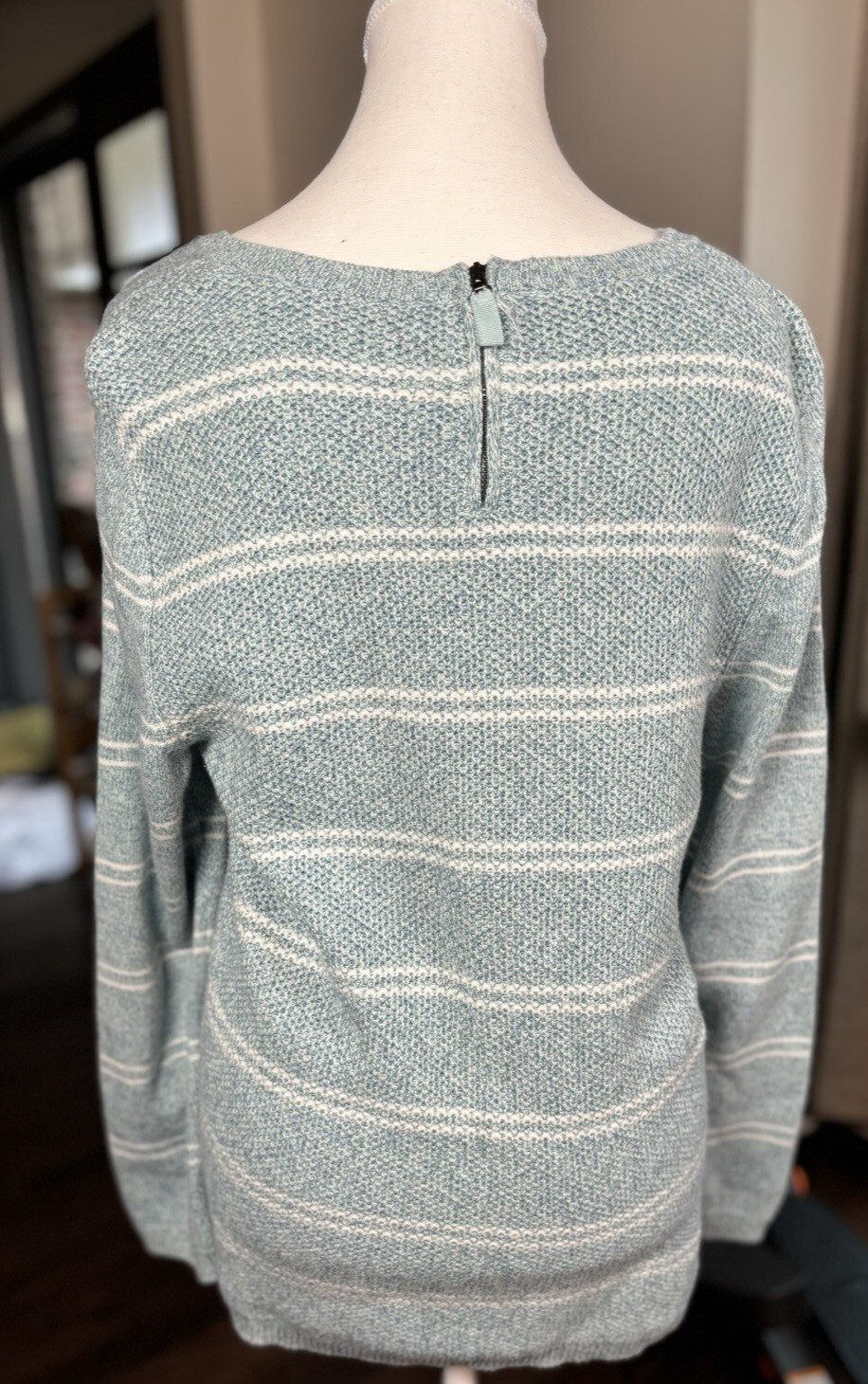 Talbots Sweater XL Petite Light Teal Blue Striped Top Pullover Zip Back Cotton