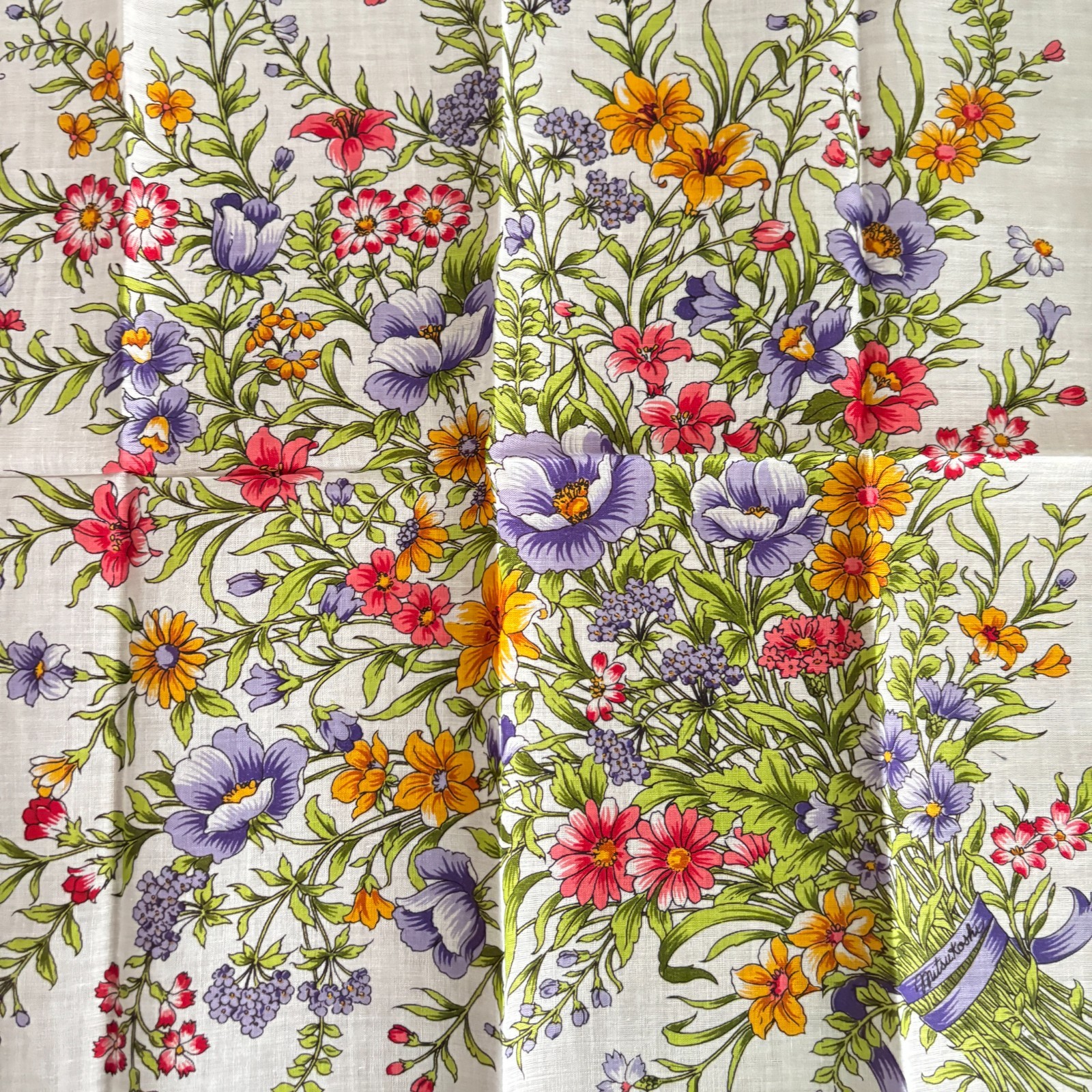 RARE Vintage Mitsukoshi Scarf Handkerchief 2pc Set Floral Pink Navy Cotton Japan