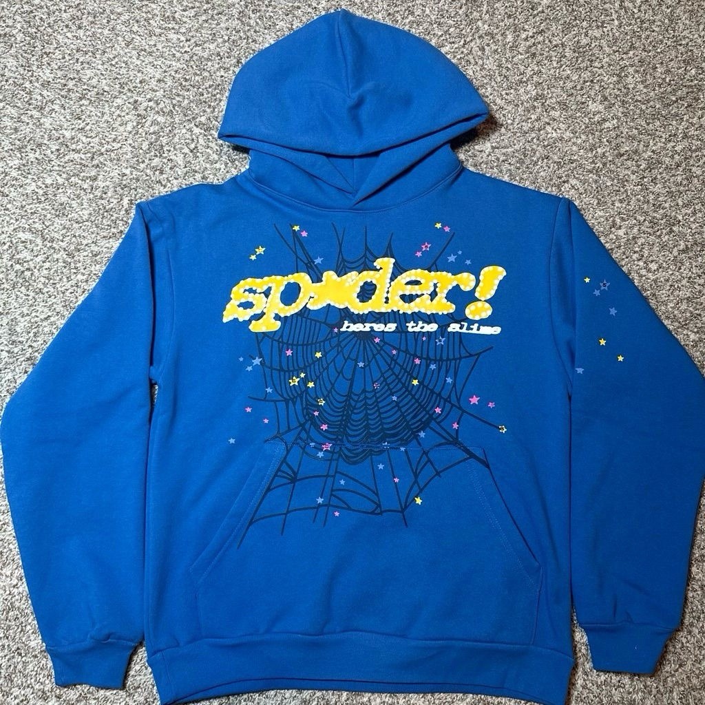 sp5der Men’s Blue Pullover Hoodie Graphic Print Spider Web Logo Long Sleeve