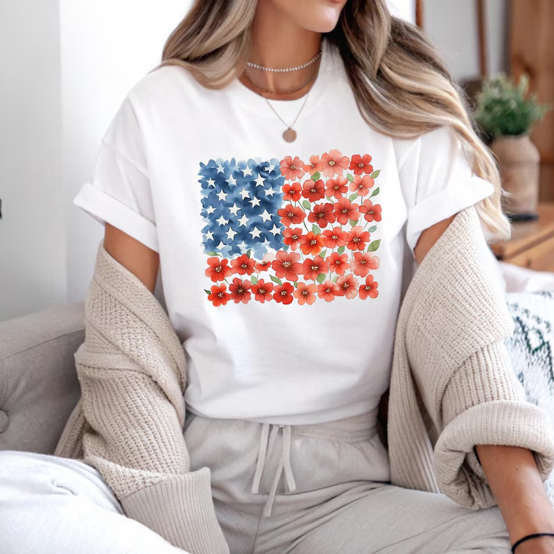 Floral American Flag T-Shirt Patriotic Watercolor Flower 4th July Women Gift