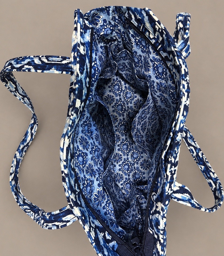 Vera Bradley White Blue Bandana cotton quilted tote, ikat, retired mid-2010s