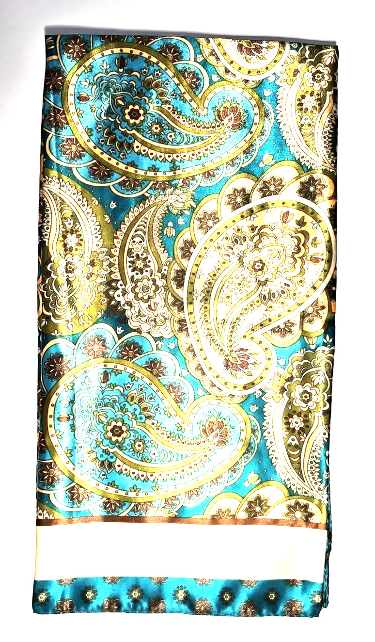Turquoise Green Brown Ivory Paisley Shawl Scarf 33.5″x33.5″ 100% PolyBlend