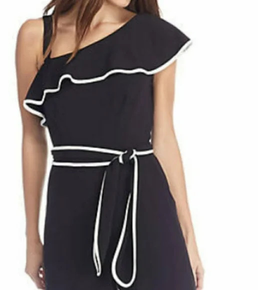 Gabby Skye One Shoulder Ruffle Gaucho Jumpsuit Black & Ivory Size 10 $150