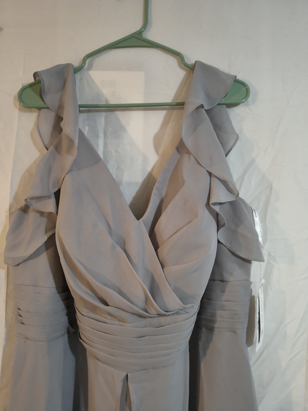 Gray Chiffon V-Neck Ruffle Lined Long Chiffon Jumpsuit Sleeveless Zip Formal 22W